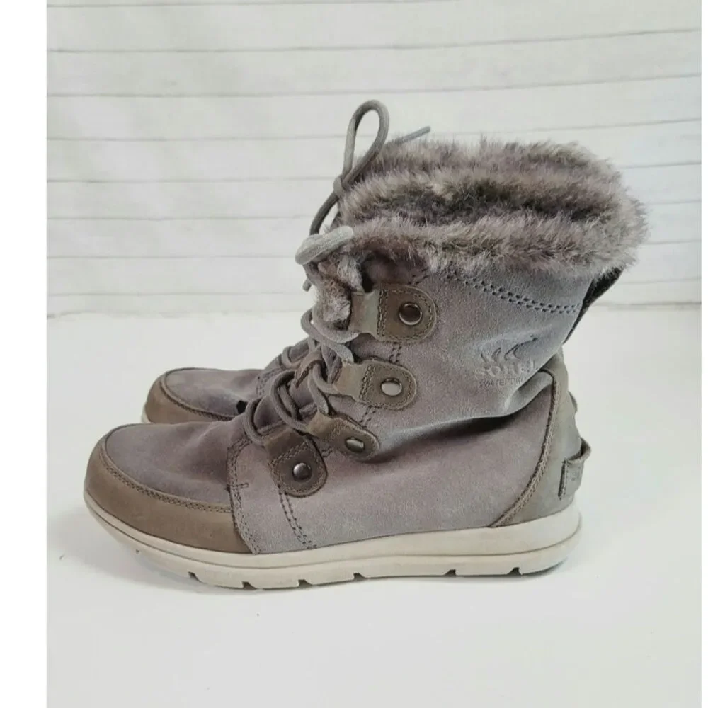 Sorel Explorer Joan Suede Waterproof Winter Boots in Quarry, sz 8.5